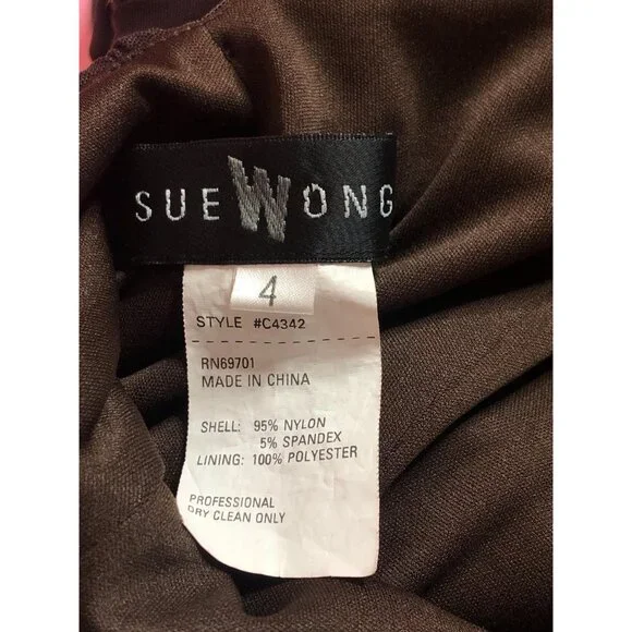 Y2K SUE WONG Chocolate Brown RUCHED Draped Floral Appliqué, Sequins, and Beads,